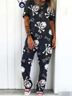 Women's Jumpsuit Halloween Skeleton Button Pocket Print V Neck Streetwear Street Daily Regular Fit Short Sleeve Black White Blue S M L Summer -Cheap Plus Fit Dress Store nieivr1681730637171