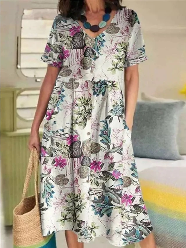 Women's Casual Dress Cotton Linen Dress Swing Dress Midi Dress Cotton Blend Basic Casual Outdoor Daily Vacation V Neck Pocket Print Short Sleeve Summer Spring 2023 Loose Fit Yellow Navy Blue Purple 5 Women's Casual Dress Cotton Linen Dress Swing Dress Midi Dress Cotton Blend Basic Casual Outdoor Daily Vacation V Neck Pocket Print Short Sleeve Summer Spring 2023 Loose Fit Yellow Navy Blue Purple - Image 5