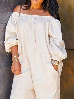 Women's Jumpsuit Pocket Solid Color Off Shoulder Streetwear Street Going Out Regular Fit Long Sleeve Black White Yellow S M L Summer