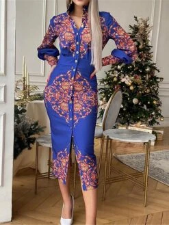 Women's Shirt Dress Casual Dress Bodycon Midi Dress Outdoor Office Daily Polyester Fashion Romantic Stand Collar Button Print Long Sleeve Summer Spring Fall 2023 Slim Blue Khaki Floral S M L XL 2XL