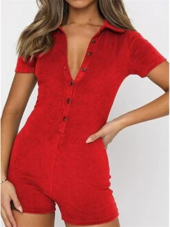 Women's Romper Button High Waist Solid Color Shirt Collar Sexy Daily Vacation Regular Fit Short Sleeve Black Red Navy Blue S M L Spring -Cheap Plus Fit Dress Store ningfz1676962536131
