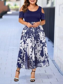 Women‘s Plus Size Curve Casual Dress Skater Dress A Line Dress Floral Long Dress Maxi Dress Short Sleeve Hollow Out Print Crew Neck Fashion Outdoor Black Wine Summer Spring L XL XXL 3XL 4XL