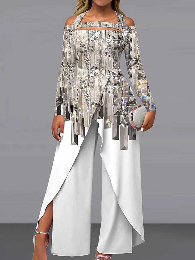 Women's Jumpsuit Print Striped Off Shoulder Elegant Wedding Party Wide Leg Regular Fit Long Sleeve White S M L All Seasons 1 Women's Jumpsuit Print Striped Off Shoulder Elegant Wedding Party Wide Leg Regular Fit Long Sleeve White S M L All Seasons