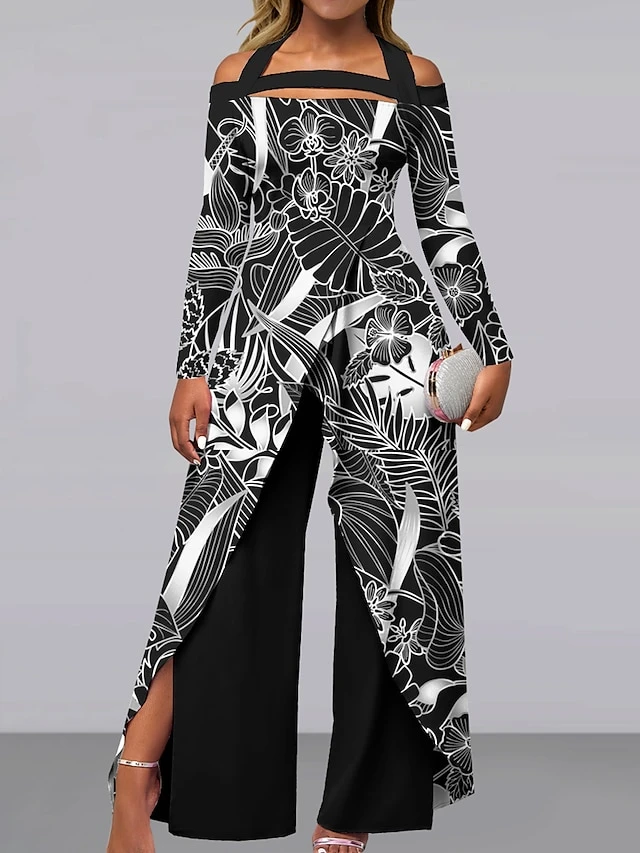Women's Jumpsuit Print Floral Off Shoulder Elegant Wedding Party Wide Leg Regular Fit Long Sleeve Silver Red Blue S M L All Seasons 2 Women's Jumpsuit Print Floral Off Shoulder Elegant Wedding Party Wide Leg Regular Fit Long Sleeve Silver Red Blue S M L All Seasons - Image 2