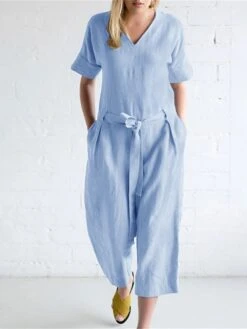 Women's Jumpsuit Lace Up Patch Pocket Solid Color V Neck Streetwear Street Daily Regular Fit Short Sleeve Black White Navy Blue S M L Summer