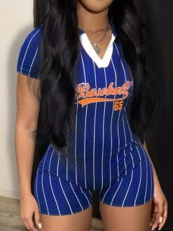 Women's Romper Baseball Workout Bodysuit Print Letter Shirt Collar Active Sport Daily Regular Fit Short Sleeve Black White Yellow XS S M Summer Fall Gym -Cheap Plus Fit Dress Store njazzi1690528576213