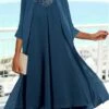 Women's Two Piece Dress Set Casual Dress Chiffon Dress Outdoor Daily Fashion Elegant Layered Midi Dress Crew Neck 3/4 Length Sleeve Plain Regular Fit Navy Blue Fall Winter S M L XL XXL