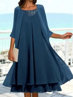 Women's Two Piece Dress Set Casual Dress Chiffon Dress Outdoor Daily Fashion Elegant Layered Midi Dress Crew Neck 3/4 Length Sleeve Plain Regular Fit Navy Blue Fall Winter S M L XL XXL