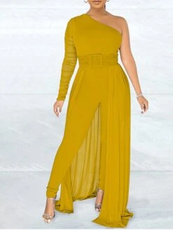 Women's Jumpsuit Overlay Lace Up Mesh Solid Color One Shoulder Streetwear Party Going Out Regular Fit Long Sleeve Black White Yellow S M L Spring -Cheap Plus Fit Dress Store njhnwu1676364637070