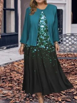 Women's Plus Size Two Piece Dress Set Casual Dress Swing Dress Outdoor Office Fashion Streetwear Print Midi Dress Crew Neck Long Sleeve Ombre Regular Fit Wine Navy Blue Blue Fall Winter L XL XXL 3XL -Cheap Plus Fit Dress Store njsyil1697785907562