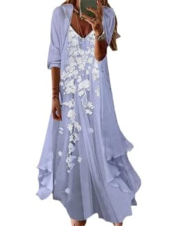 Women's Casual Dress Dress Set Two Piece Dress Long Dress Maxi Dress Light Green Pink Purple Long Sleeve Flower Print Summer Spring V Neck Fashion Loose Fit 2023 S M L XL XXL 3XL -Cheap Plus Fit Dress Store njwrpo1672136839327