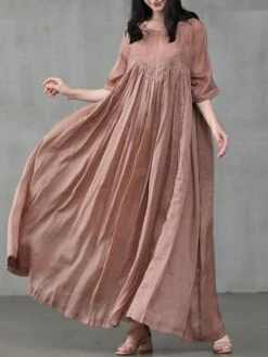 Women's Casual Dress Cotton Linen Dress Swing Dress Long Dress Maxi Dress Black Pink Green Short Sleeve Pure Color Ruched Spring Fall Autumn Crew Neck Elegant Vacation Loose Fit 2022 S M L XL XXL 3XL -Cheap Plus Fit Dress Store njyqpx1629802111537