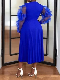 Women's Plus Size Curve Party Dress Formal Dress A Line Dress Plain Midi Dress Long Sleeve Pleated Ruffle Crew Neck Fashion Party Blue Fall Winter XL XXL 3XL 4XL -Cheap Plus Fit Dress Store nkftzq1694425976536