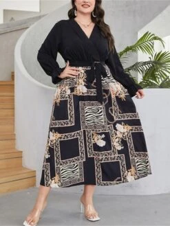 Women's Plus Size Prom Dress Party Dress Wedding Guest Dress Long Dress Maxi Dress Black Long Sleeve Floral Lace Up Fall Winter Autumn V Neck Fashion Winter Dress Evening Party Wedding Guest 2023 L -Cheap Plus Fit Dress Store nkiydr1693535314592