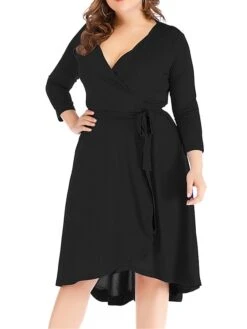 Women‘s Plus Size Curve Work Dress Semi Formal Dress Wrap Dress Fashion Midi Dress Lace Up V Neck Long Sleeve Plain Regular Fit Black Blue Spring Fall XL XXL 3XL 4XL 5XL -Cheap Plus Fit Dress Store nkpitu1691402325405