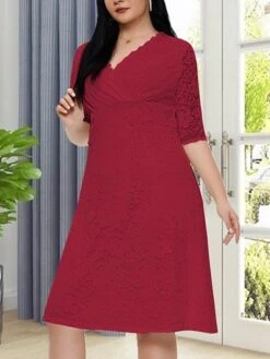 Women‘s Plus Size Curve Party Dress Lace Dress White Dress Solid Color Midi Dress Half Sleeve Lace V Neck Fashion Party White Red Summer Spring XL XXL 3XL 4XL 5XL -Cheap Plus Fit Dress Store nkqcmt1681204554719