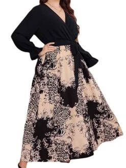 Women's Plus Size Prom Dress Party Dress Wedding Guest Dress Long Dress Maxi Dress Black Long Sleeve Print Lace Up Fall Winter Autumn V Neck Fashion Winter Dress Evening Party Wedding Guest 2023 L XL -Cheap Plus Fit Dress Store nktitb1693535455494