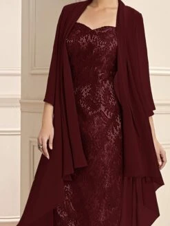 Women's Two Piece Dress Set Party Dress Lace Dress Party Outdoor Fashion Streetwear Lace Patchwork Midi Dress V Neck 3/4 Length Sleeve Plain Regular Fit Wine Fall Winter S M L XL XXL -Cheap Plus Fit Dress Store nkvvze1697016766941