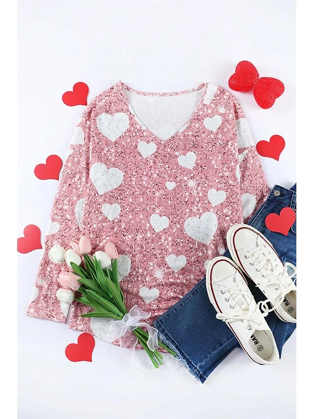 Women's T Shirt Tee Pink Heart Print Long Sleeve Valentine Weekend Fashion V Neck Regular Fit Painting Spring &Fall 3 Women's T Shirt Tee Pink Heart Print Long Sleeve Valentine Weekend Fashion V Neck Regular Fit Painting Spring &Fall - Image 3