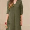 Women's Casual Dress Cotton Linen Dress A Line Dress Midi Dress Cotton Blend Basic Casual Outdoor Daily V Neck Pocket 3/4 Length Sleeve Summer Spring Fall 2023 Loose Fit ArmyGreen Navy Blue Orange