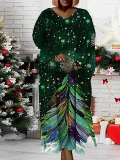 Women‘s Plus Size Christmas Dress Santa Claus V Neck Long Sleeve Winter Fall Modern Maxi Long Dress Daily Dress -Cheap Plus Fit Dress Store nlkqme1668158361785