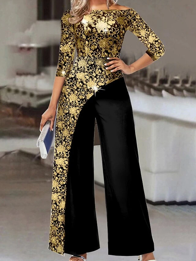 Women's Jumpsuit Floral Off Shoulder Business Wedding Work Straight Regular Fit 3/4 Length Sleeve Gold S M L Fall 1 Women's Jumpsuit Floral Off Shoulder Business Wedding Work Straight Regular Fit 3/4 Length Sleeve Gold S M L Fall