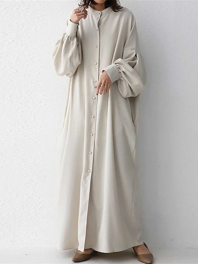 Women's Casual Dress Cotton Linen Dress Abaya Maxi Long Dress Linen / Cotton Blend Basic Classic Outdoor Daily Vacation Crew Neck Button Long Sleeve Spring Fall Winter 2023 Loose Fit Black Apricot 4 Women's Casual Dress Cotton Linen Dress Abaya Maxi Long Dress Linen / Cotton Blend Basic Classic Outdoor Daily Vacation Crew Neck Button Long Sleeve Spring Fall Winter 2023 Loose Fit Black Apricot - Image 4