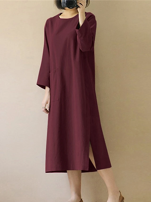 Women's Casual Dress Cotton Linen Dress Midi Dress Cotton Blend Basic Casual Outdoor Daily Vacation Crew Neck Pocket Long Sleeve Summer Spring Fall 2023 Loose Fit Black Wine Navy Blue Plain S M L XL 6 Women's Casual Dress Cotton Linen Dress Midi Dress Cotton Blend Basic Casual Outdoor Daily Vacation Crew Neck Pocket Long Sleeve Summer Spring Fall 2023 Loose Fit Black Wine Navy Blue Plain S M L XL - Image 6