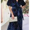Women's Plus Size Curve Casual Dress Velvet Dress Wrap Dress Star Midi Dress Short Sleeve Lace Up Print V Neck Fashion Outdoor Navy Blue Fall Winter L XL 2XL 3XL 4XL