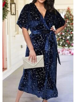 Women's Plus Size Curve Casual Dress Velvet Dress Wrap Dress Star Midi Dress Short Sleeve Lace Up Print V Neck Fashion Outdoor Navy Blue Fall Winter L XL 2XL 3XL 4XL