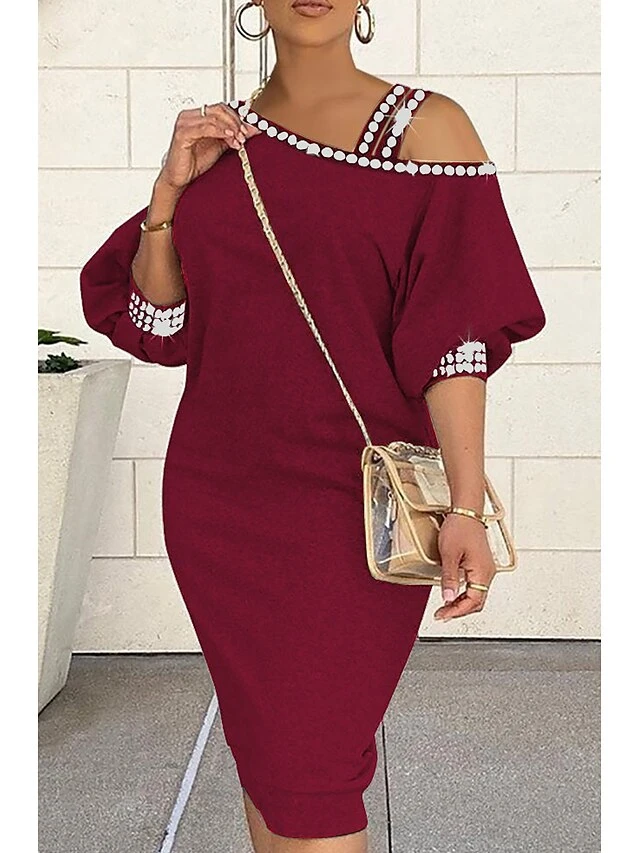 Women‘s Plus Size Curve Work Dress Pure Color Spaghetti Straps 3/4 Length Sleeve Spring Fall Stylish Elegant Midi Dress Formal Work Dress 4 Women‘s Plus Size Curve Work Dress Pure Color Spaghetti Straps 3/4 Length Sleeve Spring Fall Stylish Elegant Midi Dress Formal Work Dress - Image 4