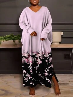 Women's Plus Size Curve Casual Dress Sweatshirt Dress Winter Dress Floral Gradient Long Dress Maxi Dress Long Sleeve Split Print V Neck Fashion Outdoor Pink Blue Fall Winter L XL XXL 3XL 4XL -Cheap Plus Fit Dress Store nnffiy1693386776856