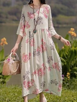 Women's Casual Dress Cotton Linen Dress Swing Dress Midi Dress Linen / Cotton Blend Sweet Style Modern Outdoor Daily Holiday Crew Neck Print 3/4 Length Sleeve Fall Winter Autumn 2023 Loose Fit Yellow -Cheap Plus Fit Dress Store nnmcom1693553161689