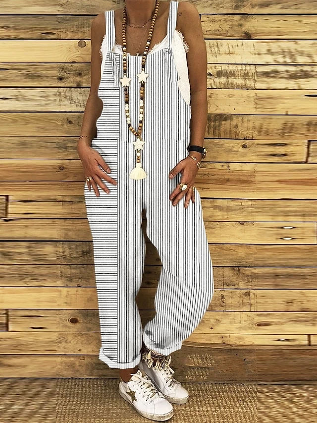 Jumpsuit For Woman CasualOverall Pocket Print Striped Holiday Daily Vacation Straight Regular Fit Sleeveless Sleeveless Black White Red S M L Summer 4 Jumpsuit For Woman CasualOverall Pocket Print Striped Holiday Daily Vacation Straight Regular Fit Sleeveless Sleeveless Black White Red S M L Summer - Image 4