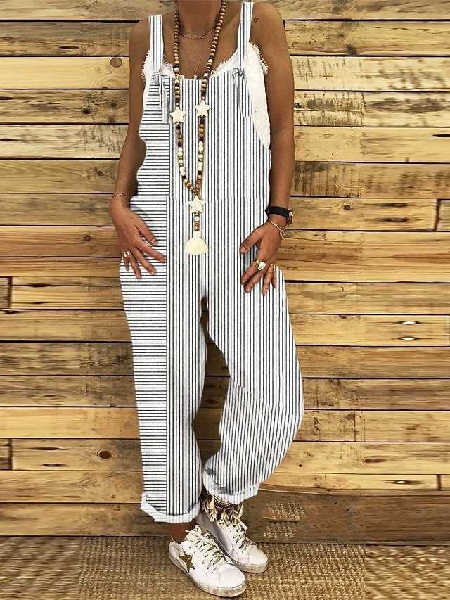 Women's Overall Pocket Print Striped Holiday Daily Vacation Straight Regular Fit Sleeveless Sleeveless Black White Red S M L Summer 3 Women's Overall Pocket Print Striped Holiday Daily Vacation Straight Regular Fit Sleeveless Sleeveless Black White Red S M L Summer - Image 3