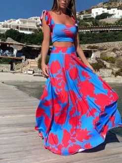 Women's Dress Set Two Piece Dress Skirt Set Long Dress Maxi Dress Yellow Fuchsia Sleeveless Floral Backless Summer Spring V Neck Vacation Slim 2023 S M L XL XXL -Cheap Plus Fit Dress Store noducn1645527798706