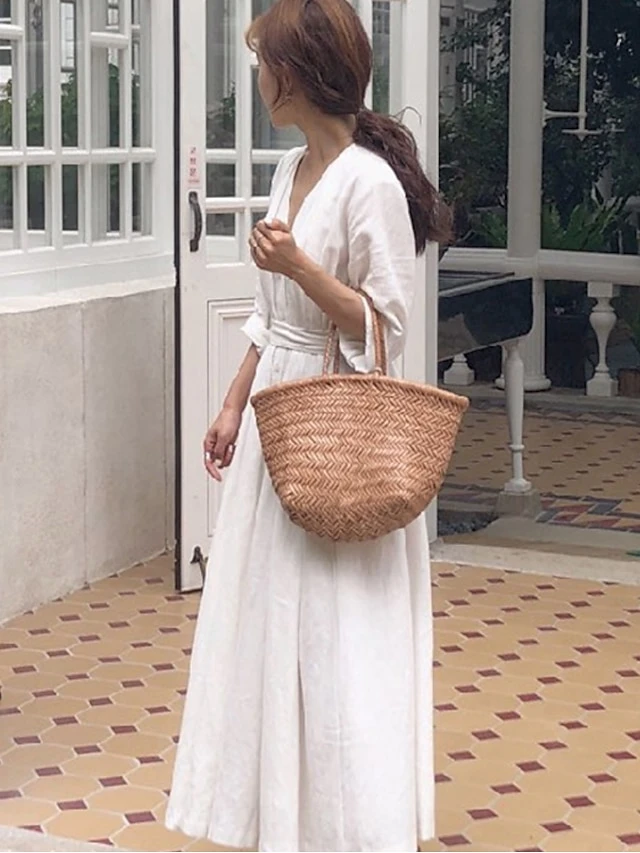 Women's Cotton Linen Dress Loose White Dress Maxi Long Dress Linen Cotton Blend Casual V Neck Puff Sleeve Tie Belt Half Sleeve Summer Spring 2022 Regular Fit Black White Pure Color S M L XL 2 Women's Cotton Linen Dress Loose White Dress Maxi Long Dress Linen Cotton Blend Casual V Neck Puff Sleeve Tie Belt Half Sleeve Summer Spring 2022 Regular Fit Black White Pure Color S M L XL - Image 2