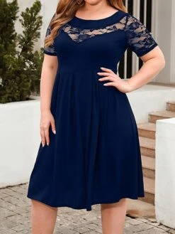 Women's Plus Size Curve Party Dress Lace Dress Semi Formal Dress Solid Color Midi Dress Short Sleeve Lace Crew Neck Fashion Party ArmyGreen Black Fall Winter XL XXL 3XL 4XL -Cheap Plus Fit Dress Store nonazp1695813610571