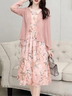 Women's Two Piece Dress Set Print Dress Outdoor Daily Modern Casual Lace Up Ruched Midi Dress V Neck Long Sleeve Floral Regular Fit Black Pink Blue Summer Spring M L XL XXL XXXL