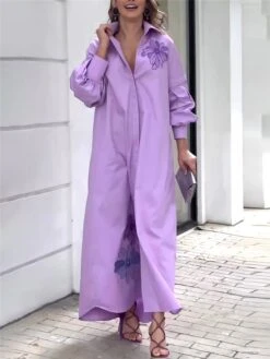 Women's Shirt Dress Casual Dress Shift Dress Maxi Long Dress Outdoor Office Daily Cotton Fashion Modern Shirt Collar Button Pocket 3/4 Length Sleeve Summer Spring Fall 2023 Loose Fit Purple Floral S -Cheap Plus Fit Dress Store nqbkkl1683716757269