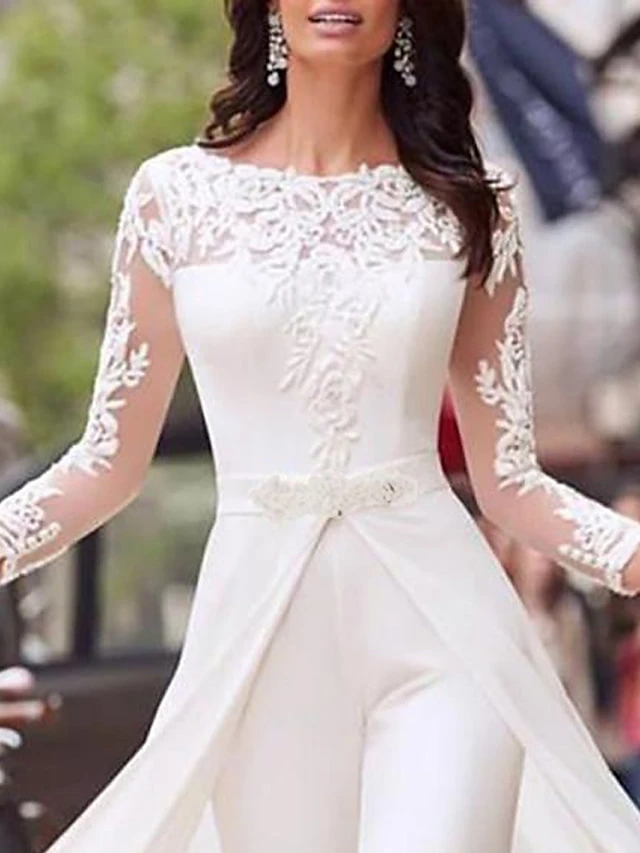 White Jumpsuit For Women Overlay Lace Solid Color Crew Neck Streetwear Wedding Party Regular Fit Long Sleeve S M L Summer Fall 3 White Jumpsuit For Women Overlay Lace Solid Color Crew Neck Streetwear Wedding Party Regular Fit Long Sleeve S M L Summer Fall - Image 3