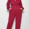 Women's Jumpsuit Pocket Solid Color V Neck Streetwear Daily Vacation Regular Fit Long Sleeve Red Royal Blue XXL 3XL 4XL Fall