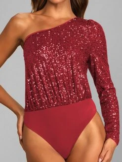 Women's Bodysuit Sequin Solid Color One Shoulder Streetwear Party Street Slim Long Sleeve Black White Pink S M L Fall -Cheap Plus Fit Dress Store nrlfbu1697184614718