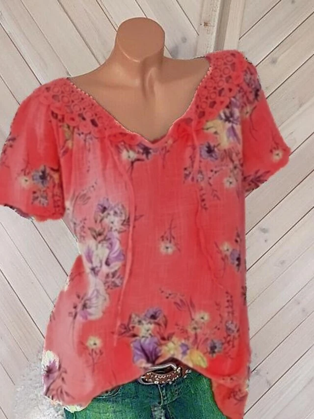 Women's Shirt Blouse White Pink Blue Floral Lace Up Print Short Sleeve Casual Holiday Basic V Neck Regular Fit Floral 8 Women's Shirt Blouse White Pink Blue Floral Lace Up Print Short Sleeve Casual Holiday Basic V Neck Regular Fit Floral - Image 8