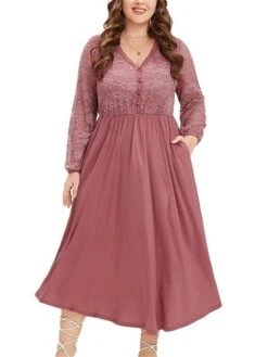Women‘s Plus Size Curve Party Dress Cocktail Dress Wedding Guest Dress Midi Dress Pink Long Sleeve Color Block Lace Spring Fall Winter V Neck Fashion Birthday Wedding Guest Vacation 2023 XL XXL 3XL -Cheap Plus Fit Dress Store nrwbcx1692164930444