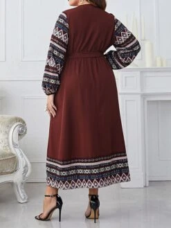 Women's Plus Size Party Dress Wedding Guest Dress Empire Waist Dresses Long Dress Maxi Dress Brown Long Sleeve Geometric Patchwork Spring Fall Winter V Neck Fashion Winter Dress Evening Party Wedding -Cheap Plus Fit Dress Store nrwnws1693535300334