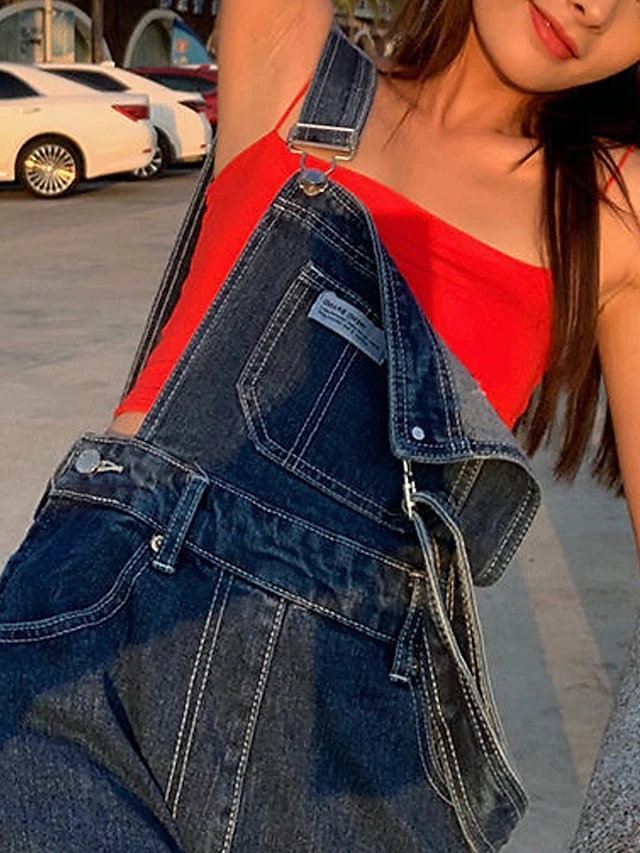 Women‘s Jumpsuit Pocket Solid Color Denim Square Neck Active Street Daily Loose Fit Sleeveless Blue S M L Fall 2 Women‘s Jumpsuit Pocket Solid Color Denim Square Neck Active Street Daily Loose Fit Sleeveless Blue S M L Fall - Image 2