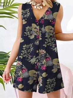 Women's Romper Button Print Floral V Neck Holiday Daily Vacation Regular Fit Sleeveless Yellow Navy Blue Fuchsia S M L Summer