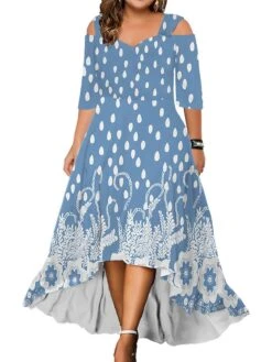 Women‘s Plus Size Curve Party Dress Wedding Guest Dress Swing Dress Long Dress Maxi Dress Blue Light Purple Purple 3/4 Length Sleeve Floral Cold Shoulder Summer Spring Fall V Neck Fashion Birthday