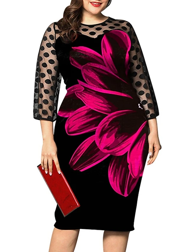 Women‘s Plus Size Curve Party Dress Cocktail Dress Sheath Dress Midi Dress Black Red Fuchsia 3/4 Length Sleeve Floral Mesh Summer Spring Fall Crew Neck Fashion Wedding Guest Vacation Fall Dress 3 Women‘s Plus Size Curve Party Dress Cocktail Dress Sheath Dress Midi Dress Black Red Fuchsia 3/4 Length Sleeve Floral Mesh Summer Spring Fall Crew Neck Fashion Wedding Guest Vacation Fall Dress - Image 3